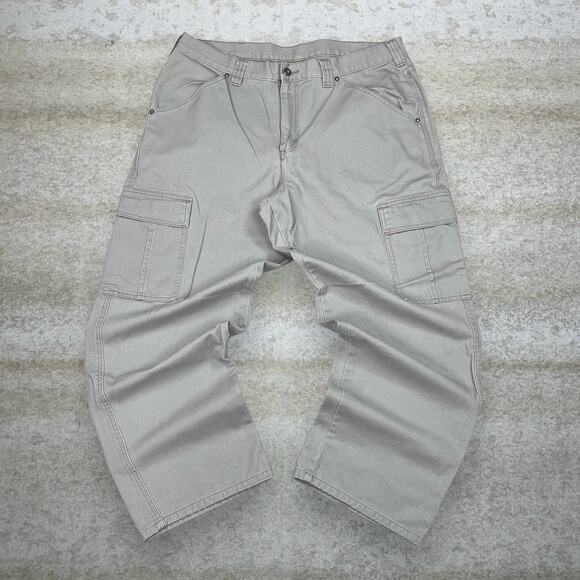 Vintage Y2K Lee Dungaree Cargo Pants 38x30  Baggy Wide Leg Fit Light Tan Cotton - Picture 2 of 4